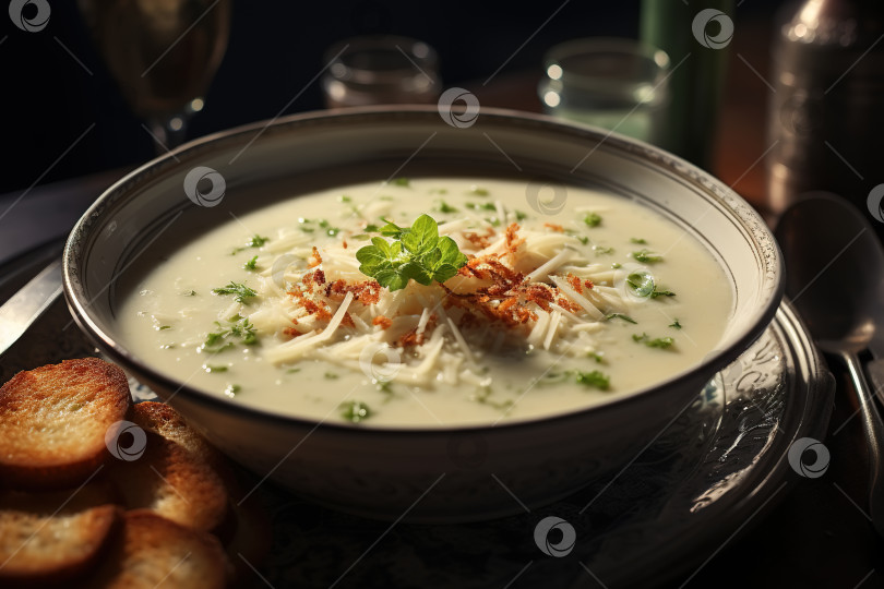Скачать Сырный крем-суп в чашке на тарелке с панировочными сухарями, крупным планом фотосток Ozero