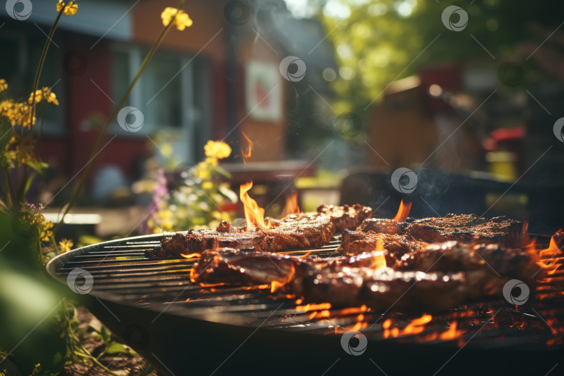 Скачать Барбекю в солнечный день на заднем дворе дома, крупный план мясного стейка на решетке гриля фотосток Ozero