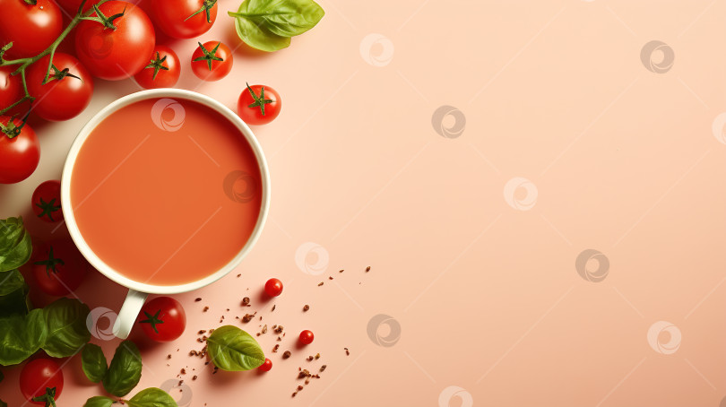 Скачать Чашка вегетарианского томатного супа с ингредиентами на розовом фоне, баннер в стиле минимализма с местом для копирования фотосток Ozero