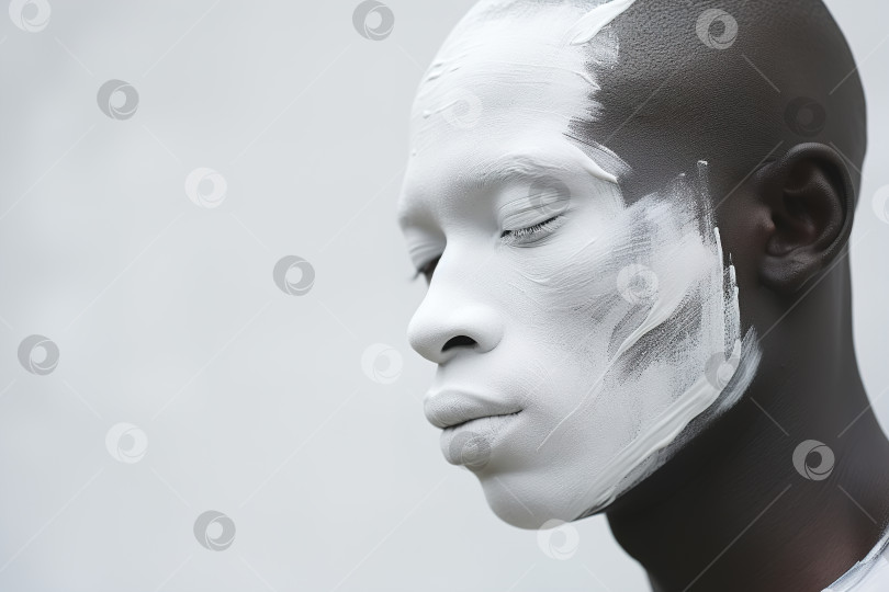 Скачать Портрет чувственного афроамериканца с белой краской на лице и закрытыми глазами, вид сбоку фотосток Ozero