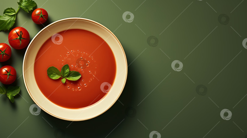 Скачать Вид сверху вегетарианский томатный суп со специями и ингредиентами на зеленом фоне, баннер в стиле минимализма с местом для копирования фотосток Ozero