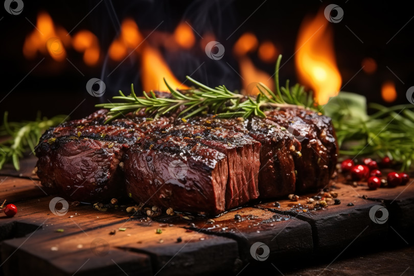 Скачать Крупным планом обжаренный горячий сочный стейк из мяса со специями, розмарином на деревянной доске на фоне огня фотосток Ozero
