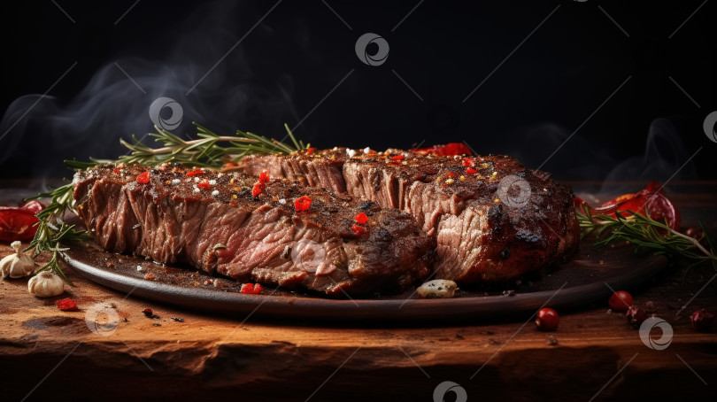 Скачать Обжаренный кусок мяса, горячий стейк со специями и зеленью на столе крупным планом фотосток Ozero