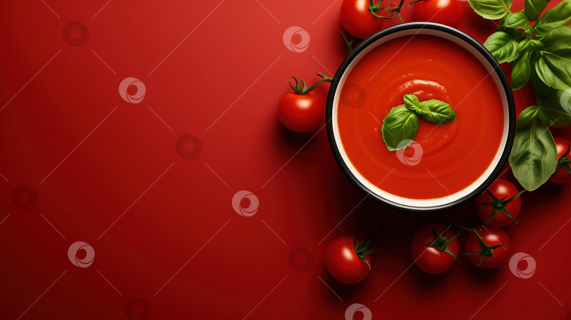 Скачать Вид сверху томатный суп с овощными ингредиентами на красном фоне, баннер в стиле минимализма веганской кухни с местом для копирования фотосток Ozero