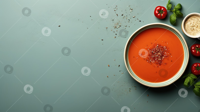 Скачать Вид сверху томатный суп со специями и ингредиентами на синем фоне, баннер copy space фотосток Ozero