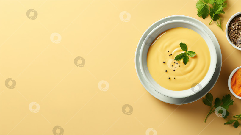 Скачать Вид сверху сырный крем-суп в чашке с зеленью на желтом фоне, баннер с местом для копирования фотосток Ozero
