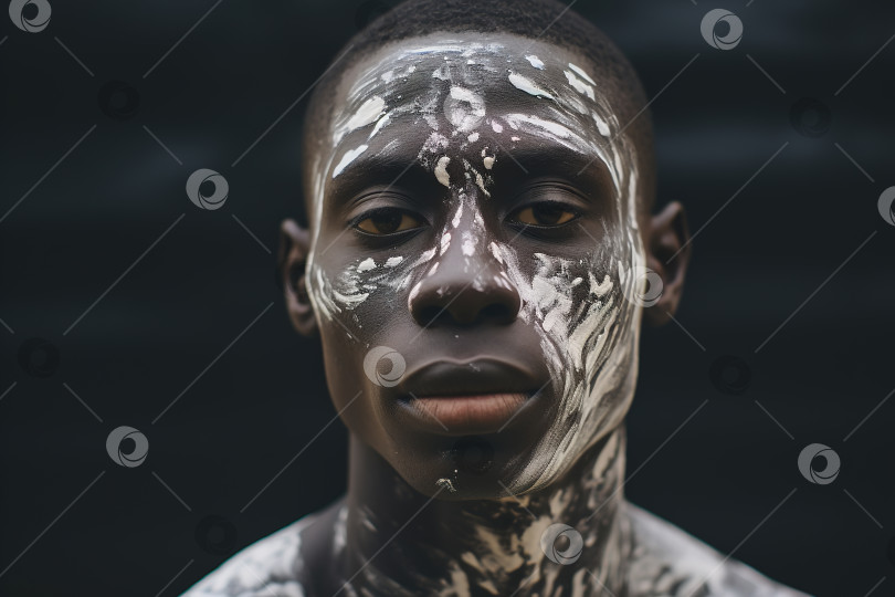 Скачать Портрет серьезного афроамериканца с пятнами белой краски на лице, смотрящего в камеру. Идентичность, концепция витилиго фотосток Ozero
