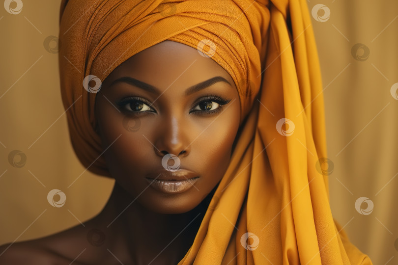 Скачать Журнал fashion beauty портрет чувственной красивой афроамериканки-модели в желтом традиционном платке на голове, смотрящей в камеру фотосток Ozero