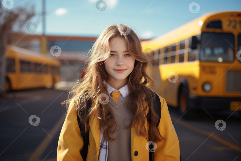 Скачать Концепция "Назад в школу", портрет счастливой улыбающейся школьницы с рюкзаком, смотрящей в камеру и стоящей на школьной желтой автобусной остановке на открытом воздухе фотосток Ozero