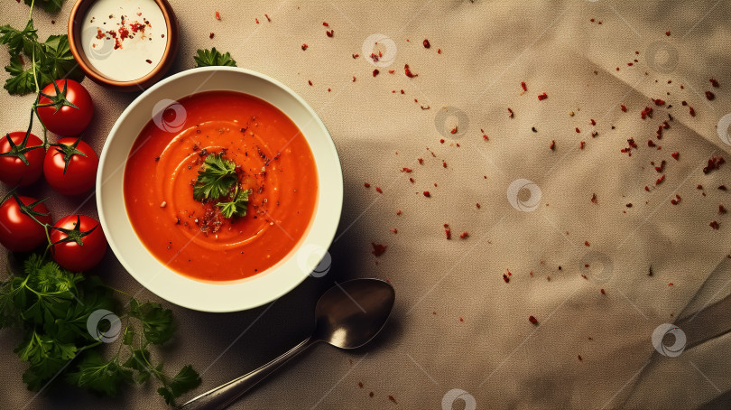 Скачать Вид сверху томатный суп с овощными ингредиентами на серой скатерти, баннер веганской кухни с местом для копирования фотосток Ozero