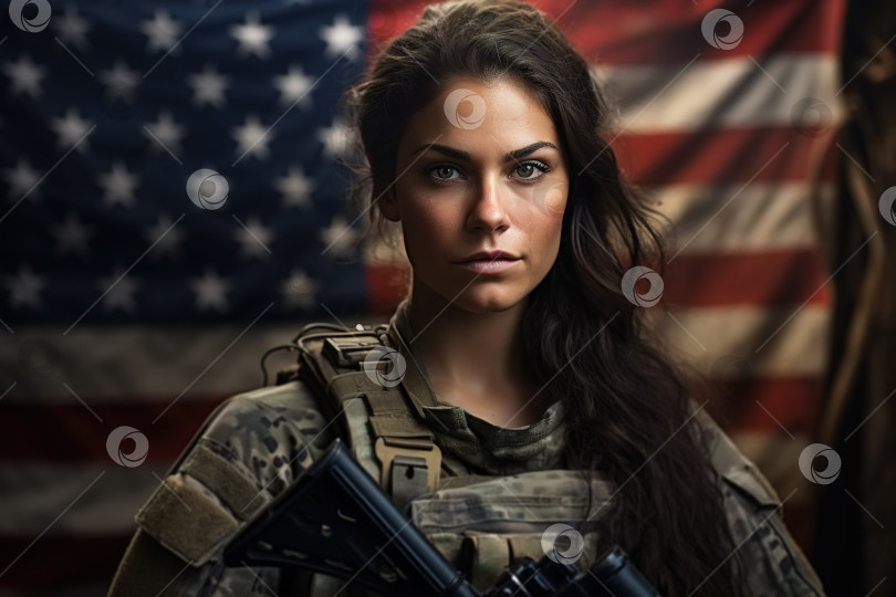Скачать Портрет кавказской молодой женщины-солдата в военной форме с оружием на фоне флага США, смотрящей в камеру, концепция дня патриота фотосток Ozero