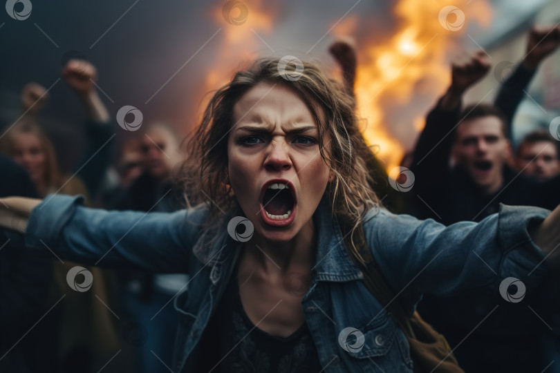 Скачать Концепция протеста, забастовки, митинга, массовых беспорядков. Кричащая агрессивная женщина на фоне толпы разъяренных людей с огнем на улице фотосток Ozero