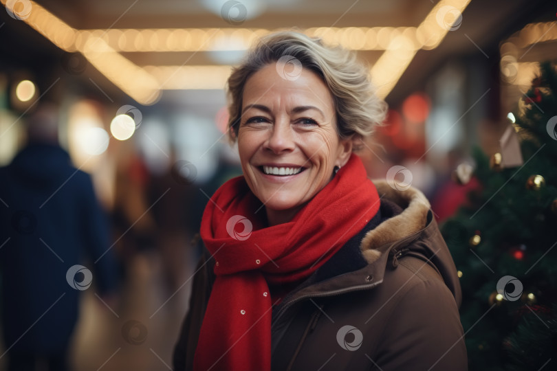 Скачать Счастливая улыбающаяся пожилая женщина в магазине на новогодние праздники, рождественскую распродажу фотосток Ozero