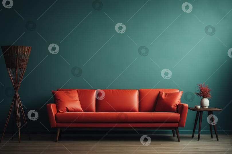 Скачать Минималистичный дизайн интерьера, красный диван у стены фотосток Ozero