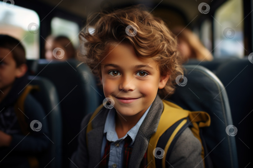 Скачать Портрет красивого улыбающегося школьника в автобусе, мальчик в куртке и галстуке с рюкзаком идет в школу. "Назад в школу", концепция образования фотосток Ozero