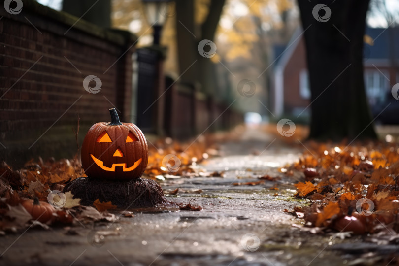 Скачать Украшенная на Хэллоуин тыква на улице осенним днем, копировальное пространство фотосток Ozero