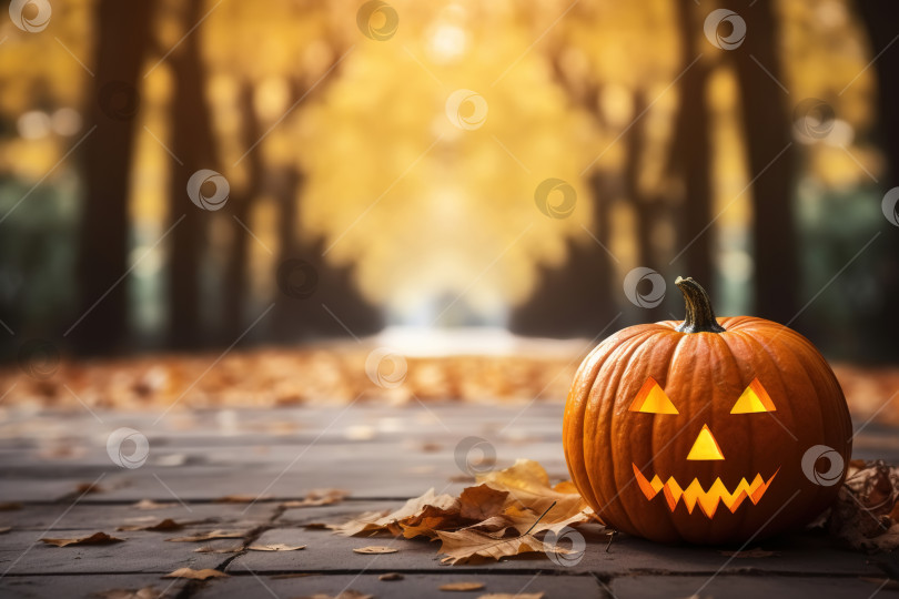 Скачать Хэллоуинская тыква со злым лицом на тротуаре в парке осенним днем, копировальное пространство фотосток Ozero