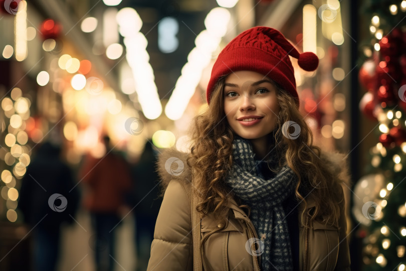Скачать Рождественские покупки, улыбающаяся симпатичная молодая женщина, рассматривающая витрины зимним вечером фотосток Ozero