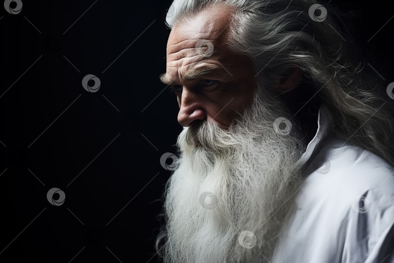 Скачать Портрет мудрого серьезного сосредоточенного старика с седой бородой на темном фоне, сильного уверенного в себе пожилого мужчины в белом халате, смотрящего в сторону фотосток Ozero