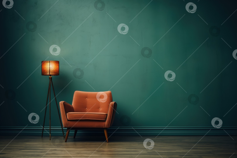 Скачать Минималистичный дизайн интерьера, стильное тканевое кресло и лампа у голубой стены фотосток Ozero