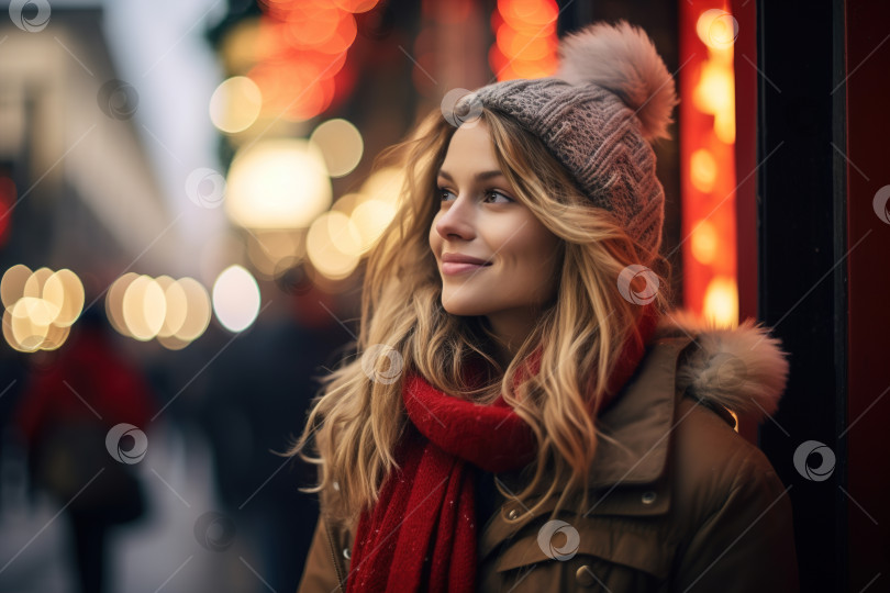 Скачать Время Рождества. Улыбающаяся симпатичная молодая женщина, прогуливающаяся по городу зимним днем, огни боке, копировальное пространство фотосток Ozero