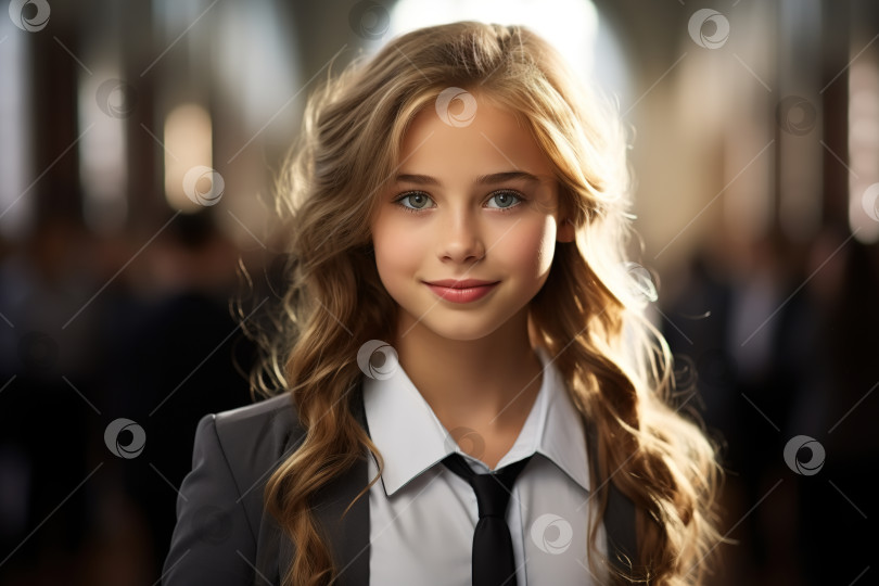 Скачать Портрет симпатичной школьницы в школе, кавказского подростка в рубашке с галстуком, смотрящего в камеру в помещении фотосток Ozero