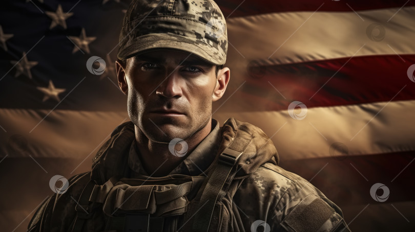 Скачать Портрет серьезного взрослого мужчины-солдата на фоне американского флага, патриот в военной форме смотрит в камеру. Концепция Дня патриота и памяти фотосток Ozero