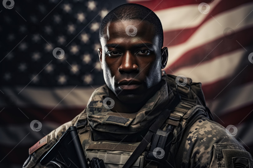 Скачать Портрет серьезного взрослого афроамериканца-солдата мужского пола с оружием на фоне американского флага, патриота в военной форме, смотрящего в камеру. Концепция Дня национального патриота и мемориала фотосток Ozero