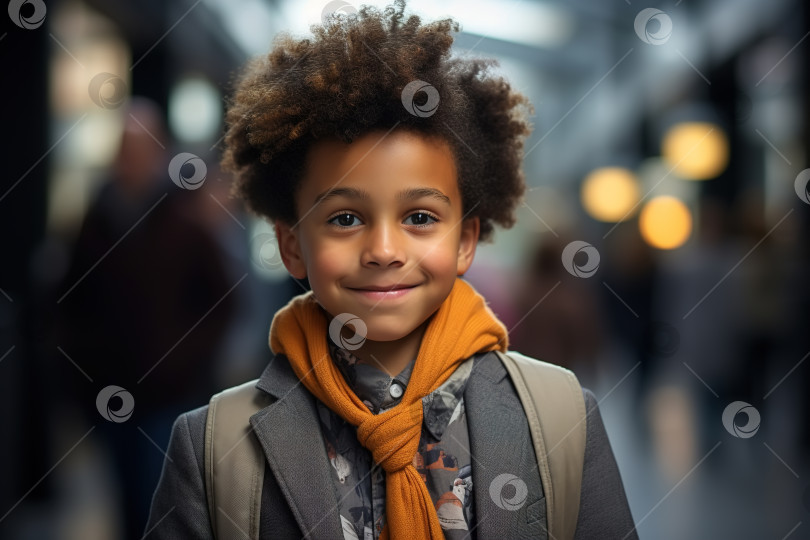 Скачать Портрет красивого улыбающегося афроамериканского школьника, идущего в школу, мальчик в куртке и с рюкзаком на улице смотрит в камеру. "Назад в школу", концепция образования фотосток Ozero