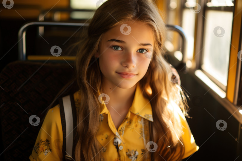 Скачать Симпатичная кавказская школьница с рюкзаком в желтом школьном автобусе смотрит в камеру, концепция возвращения в школу фотосток Ozero