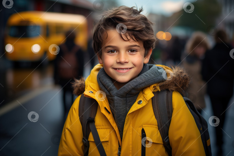 Скачать Возвращаясь в школу, улыбающийся красивый школьник в куртке с рюкзаком на открытом воздухе смотрит в камеру фотосток Ozero