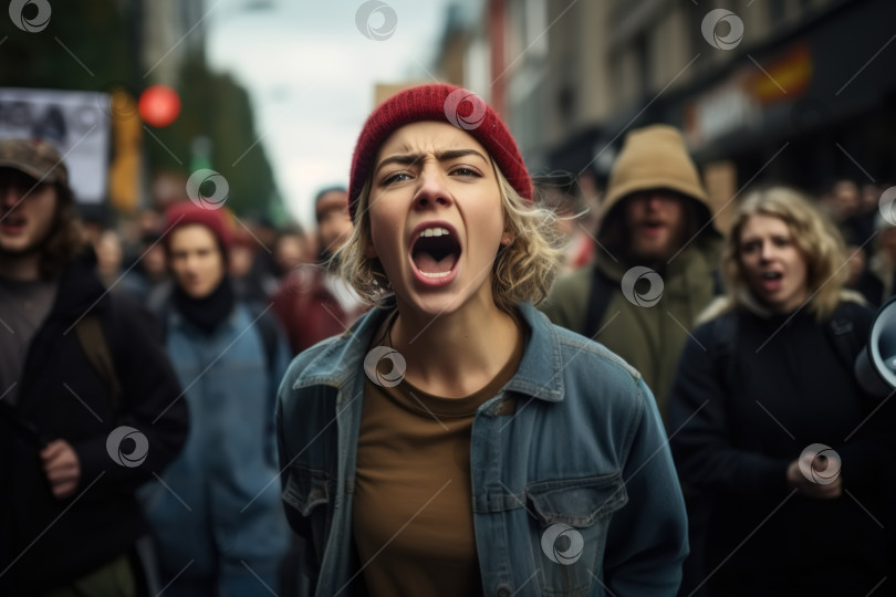 Скачать Протестующая толпа людей-активистов на открытом воздухе, кричащая молодая кавказка на улице. Концепция социальных проблем, митинга, забастовки, бунта фотосток Ozero