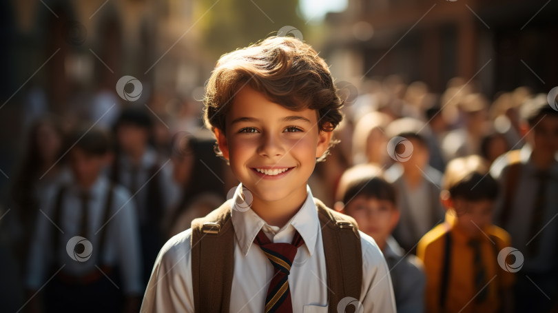 Скачать Счастливый школьник на улице, улыбающийся красивый кудрявый мальчик с рюкзаком на фоне толпы детей. Дети и возвращение в школу фотосток Ozero
