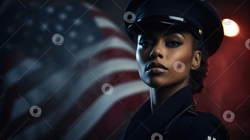 Скачать Портрет гордой афроамериканки-полицейского в униформе на фоне американского флага США, место для копирования фотосток Ozero