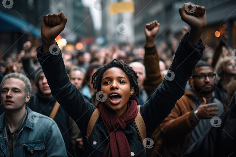 Скачать Социальные проблемы, митинг, концепция забастовки. Протестующая толпа молодых людей-активистов с поднятыми руками на улице, кричащая афроамериканка с рюкзаком на улице фотосток Ozero