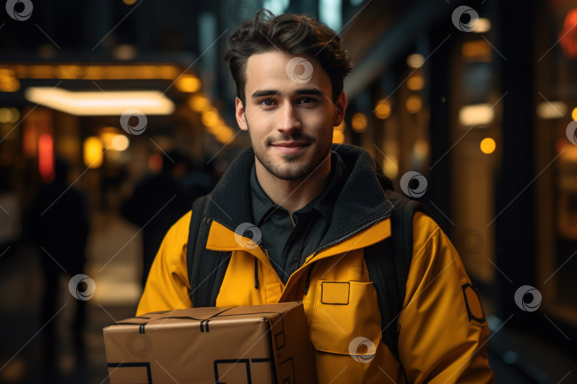 Скачать Молодой мужчина-курьер, доставщик, держащий коробку с посылками на открытом воздухе фотосток Ozero