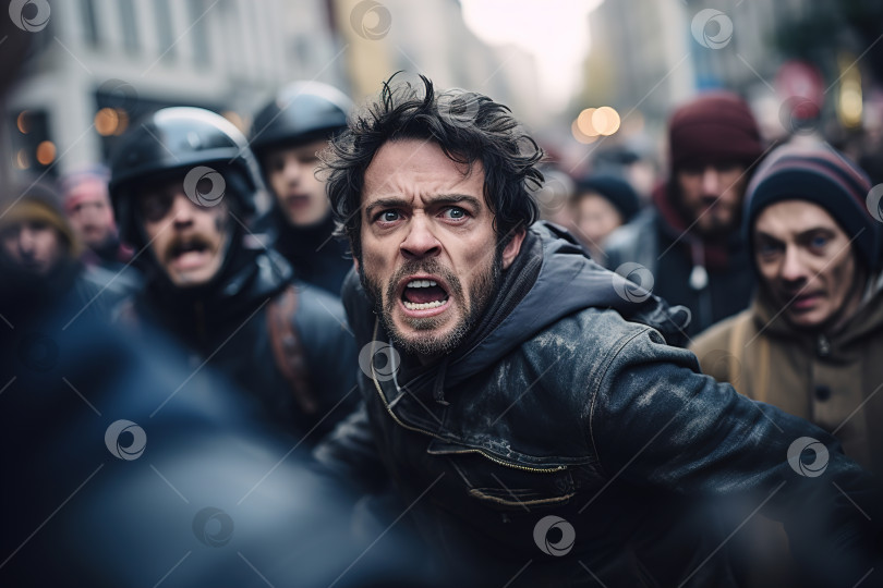 Скачать Бунт, протестующий кричащий мужчина в толпе активистов и полицейских фотосток Ozero