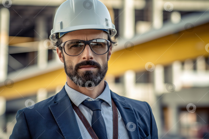 Скачать Взрослый мужчина-инженер в костюме, очках и белой каске на заводе, портрет инспектора на промышленной строительной площадке на открытом воздухе фотосток Ozero