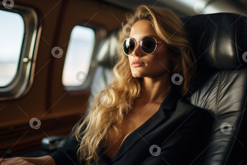 Скачать Успешная стильная женщина, летящая в самолете бизнес-классом, сексуальная молодая бизнесвумен в очках, сидящая в vip-зале фотосток Ozero