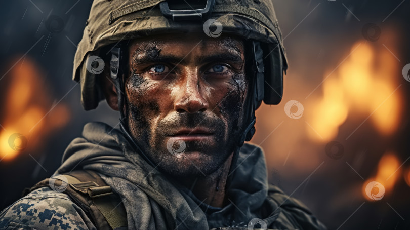 Скачать Грязный раненый солдат в военной форме и каске на войне, портрет усталого сильного мужчины, смотрящего в камеру на фоне огня фотосток Ozero