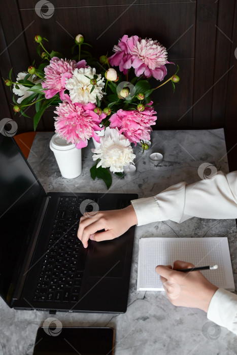 Скачать молодая девушка в белой рубашке работает на ноутбуке с кофейной кружкой, удаленная работа и образование фотосток Ozero