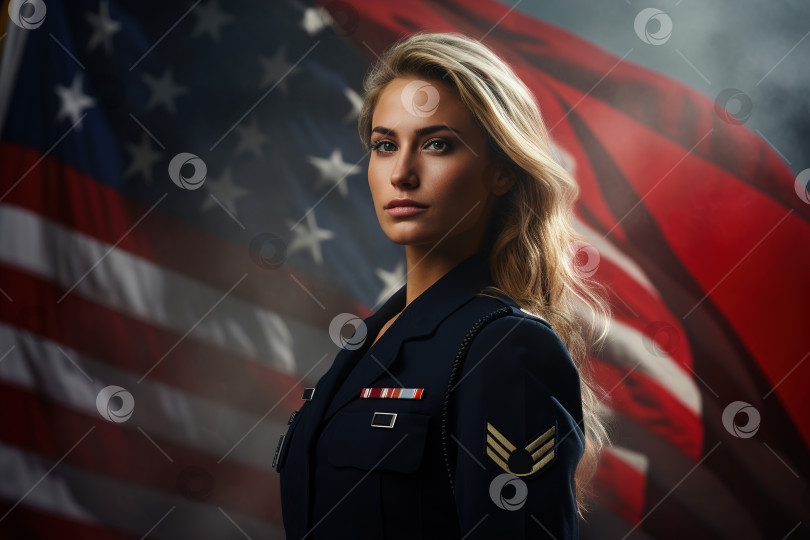 Скачать Портрет кавказской сильной гордой молодой женщины-офицера полиции в униформе на фоне флага США, смотрящей в камеру фотосток Ozero