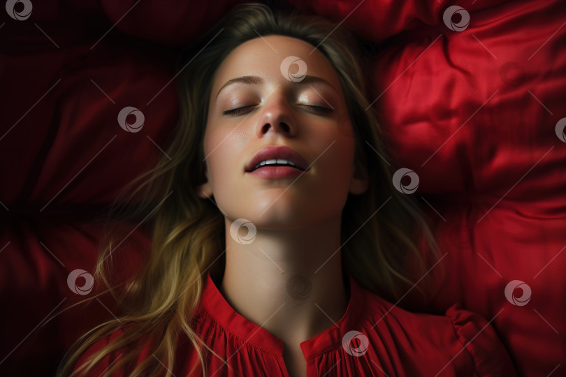 Скачать Чувственная сексуальная женщина, получающая удовольствие и оргазм, лежа в постели, портрет с видом сверху. Женская сексуальная жизнь и чувства фотосток Ozero