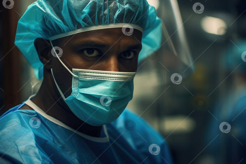 Скачать Афроамериканец-мужчина-хирург в операционной, портрет сосредоточенного мужчины-врача в больнице фотосток Ozero