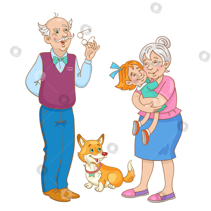 Скачать Счастливая семья. Бабушка, дедушка с маленькой внучкой и забавным домашним животным корги. фотосток Ozero