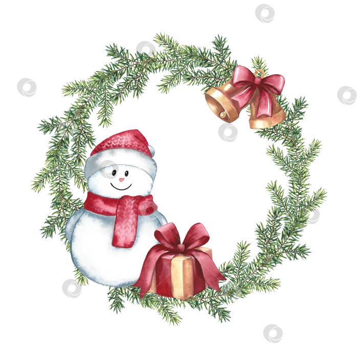 Скачать Снеговик в рождественском елочном венке с подарком. Акварельная иллюстрация ручной работы. Для упаковки поздравительных и пригласительных открыток, этикеток. Для баннерных стендов и плакатов. Для праздничного украшения. фотосток Ozero
