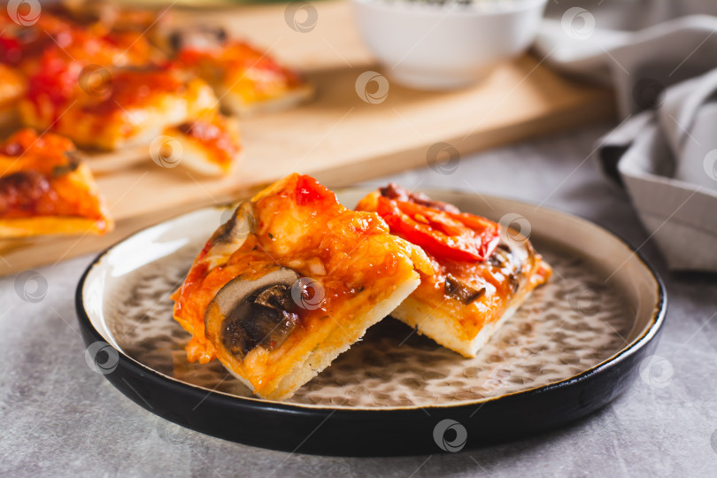 Скачать Кусочки пиццы по-Сент-Луисски с беконом, грибами, помидорами и перцем на тарелке фотосток Ozero