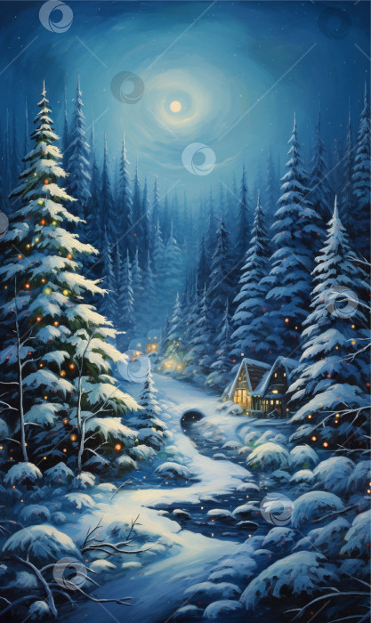 Скачать Рождественская сказка. Зимний лес, лунная ночь, звездное небо, украшенные огнями елки, деревянный домик со светящимися окнами, сосны  в снегу. Атмосфера умиротворения и спокойствия фотосток Ozero