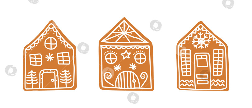 Скачать Набор изолированных пряничных домиков, нарисованных от руки. Традиционное рождественское печенье. фотосток Ozero