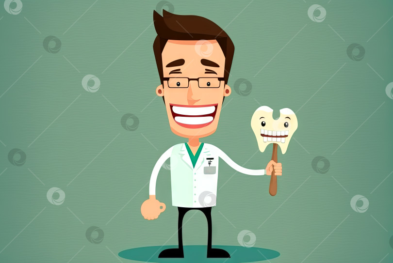 Скачать Забавный дантист с зубом. Счастливый доктор улыбается во все свои зубы. Сгенерированный искусственный интеллект. фотосток Ozero